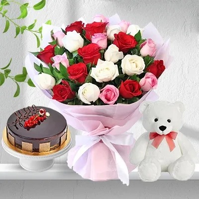 Mix Roses Bouquet & Teddy With Cake